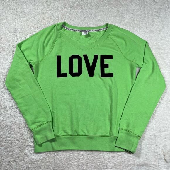 Vintage Y2K Victoria’s Secret PINK Neon Green V Neck Sweatshirt - Picture 1 of 7